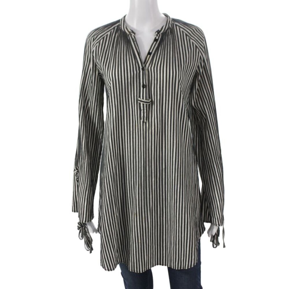 Jo No Fui Women Tunic Blouse Black Striped Henley Button Long Sleeve Size 40
